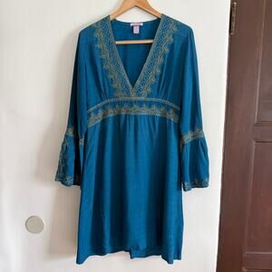 CALYPSO Christiane Celle Vanesska Blue Boho Embroidered Bell Sleeve Dress Small